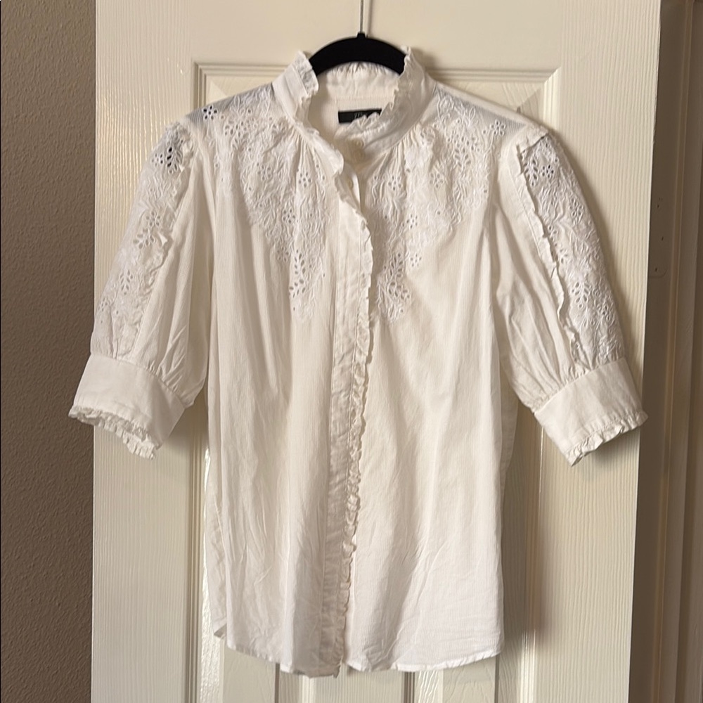 J. Crew White Puff Sleeve Blouse with Mandarin Collar XS